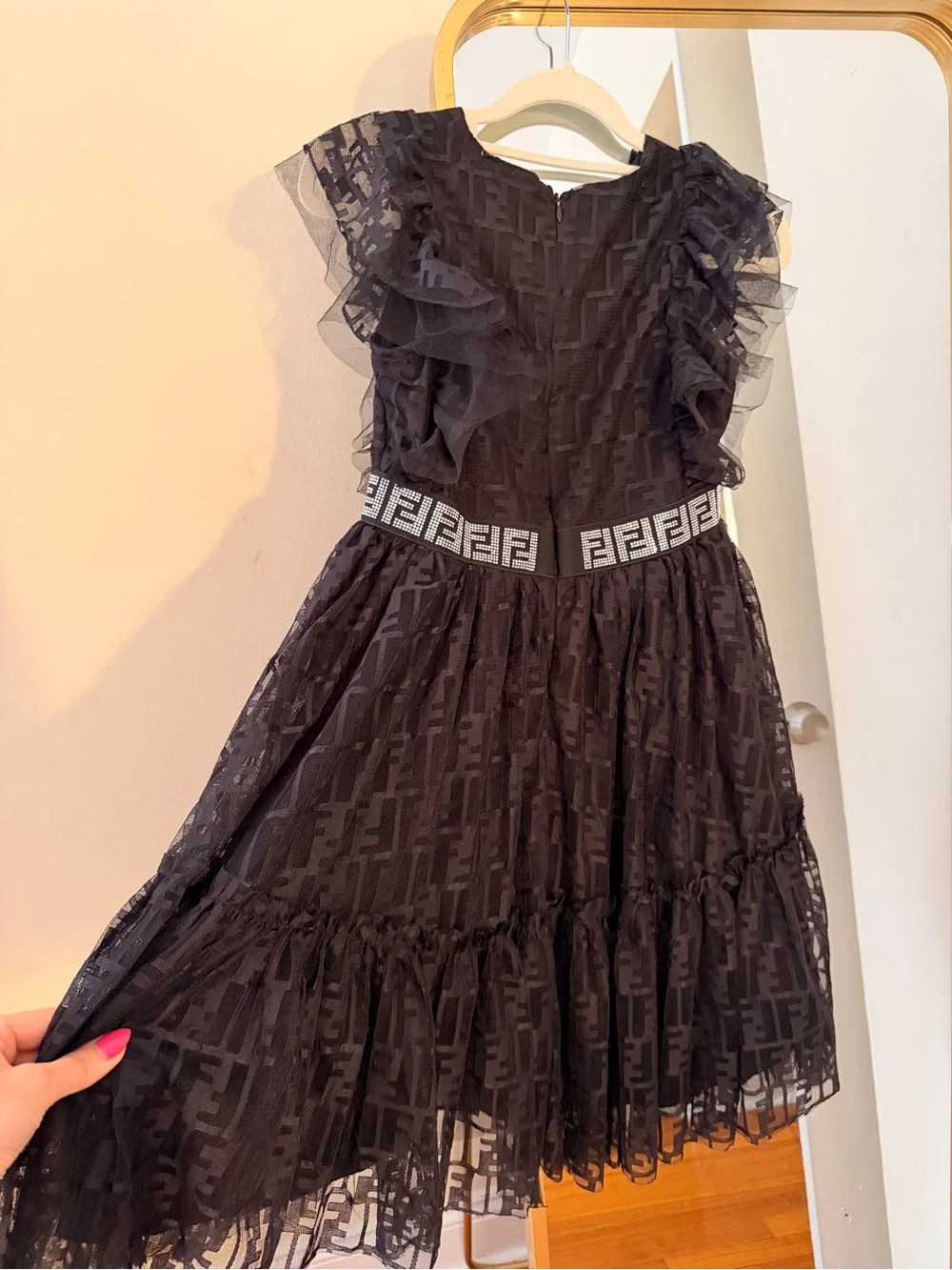 Black Ruffle Tulle Kids Dress with Decorative Waistband